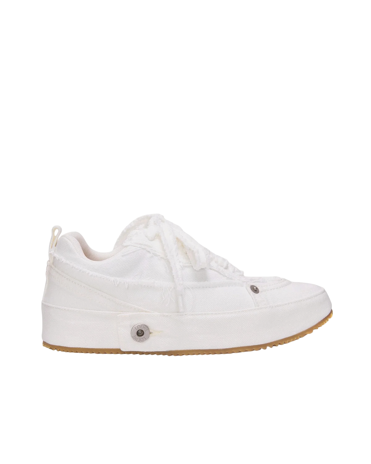 Loewe Deconstructed sneaker in soft white denim, side view with frayed denim laces, metal rivet and gum rubber sole