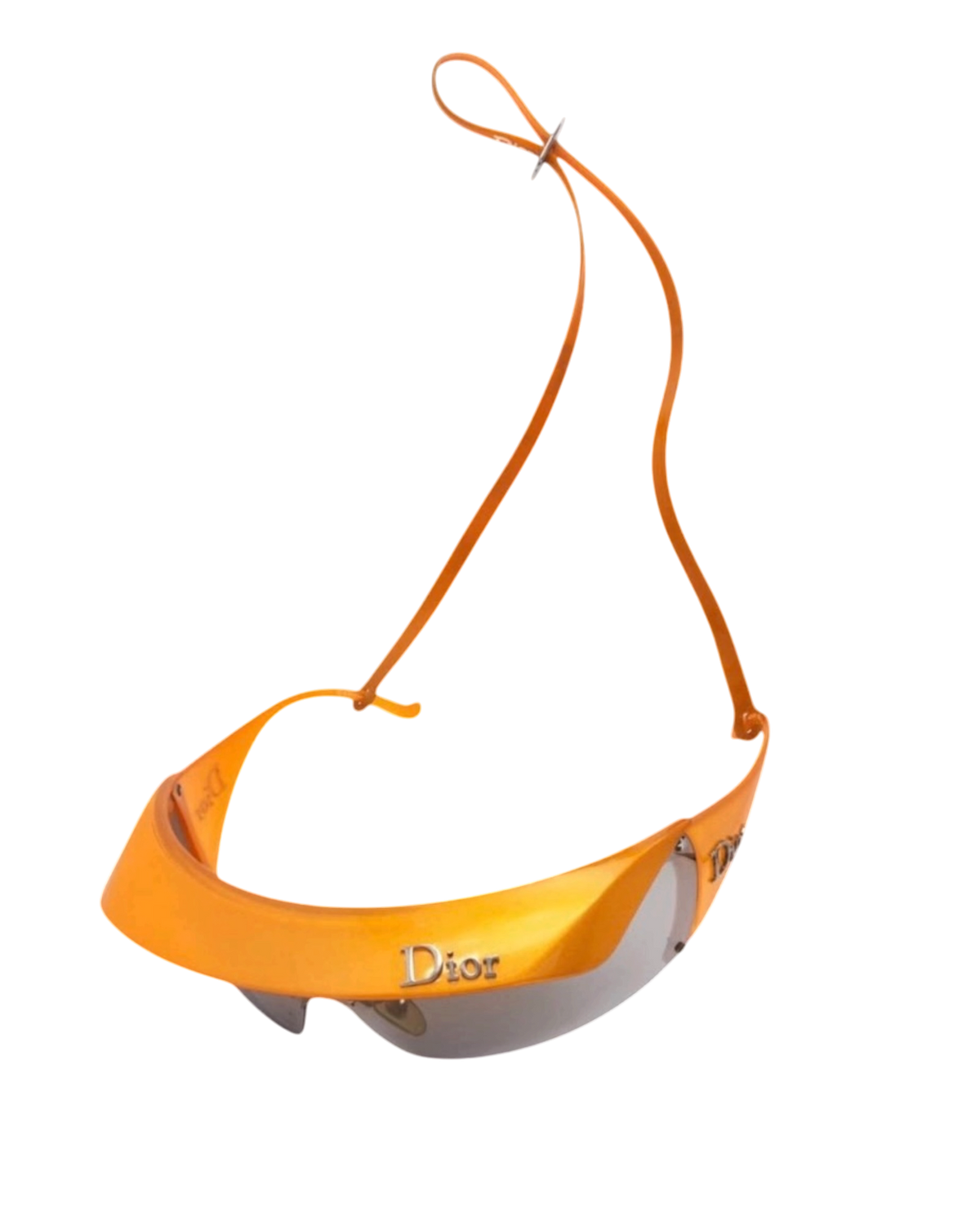 Dior Golf shield sunglasses in orange, top view of the Dior logo visor with the orange cord looped above