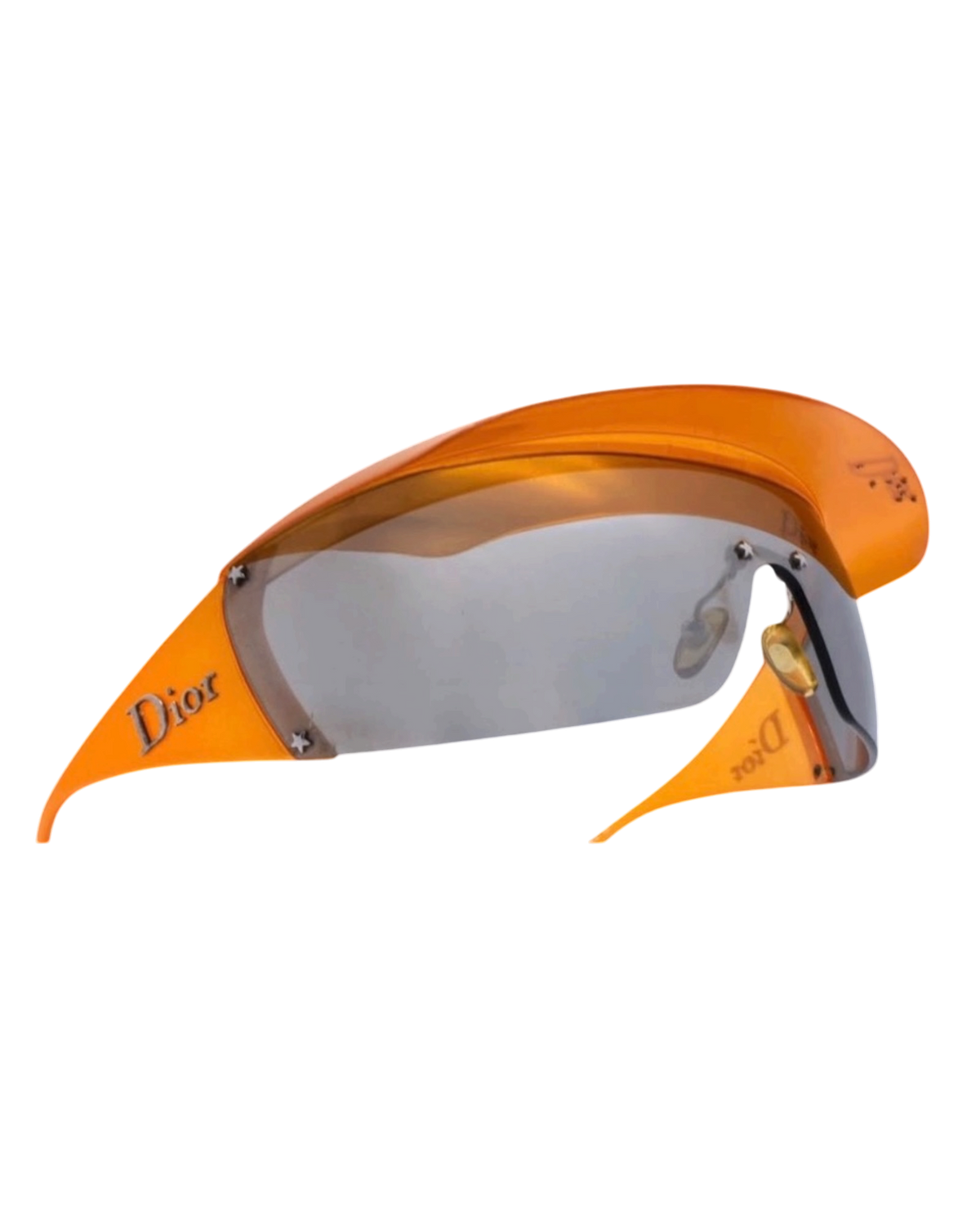 Dior Golf shield sunglasses in orange, side angle of the curved visor and orange temples with silver Dior lettering