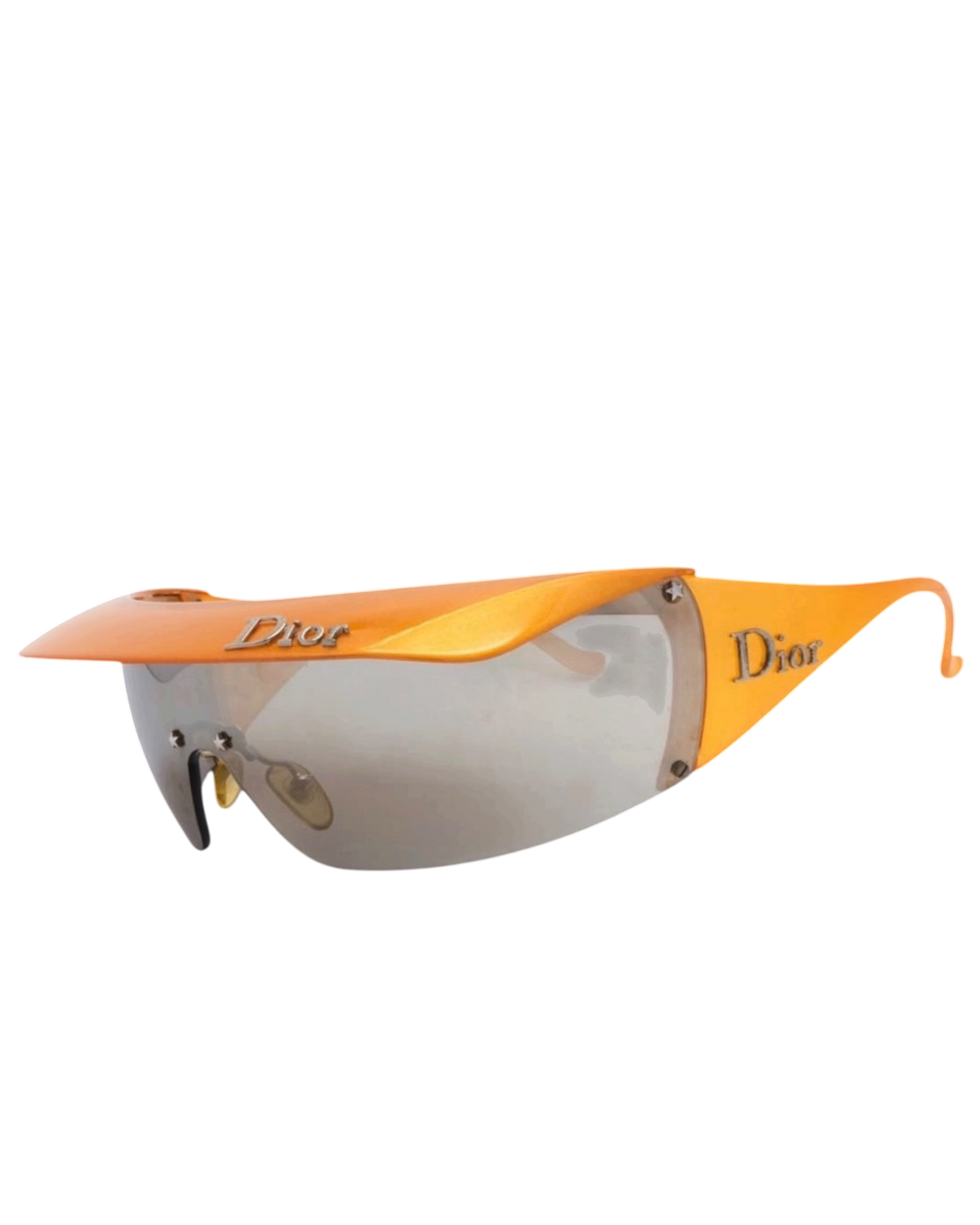 Dior Golf shield sunglasses in orange, side view with the brim visor attached and silver Dior logo on the temple