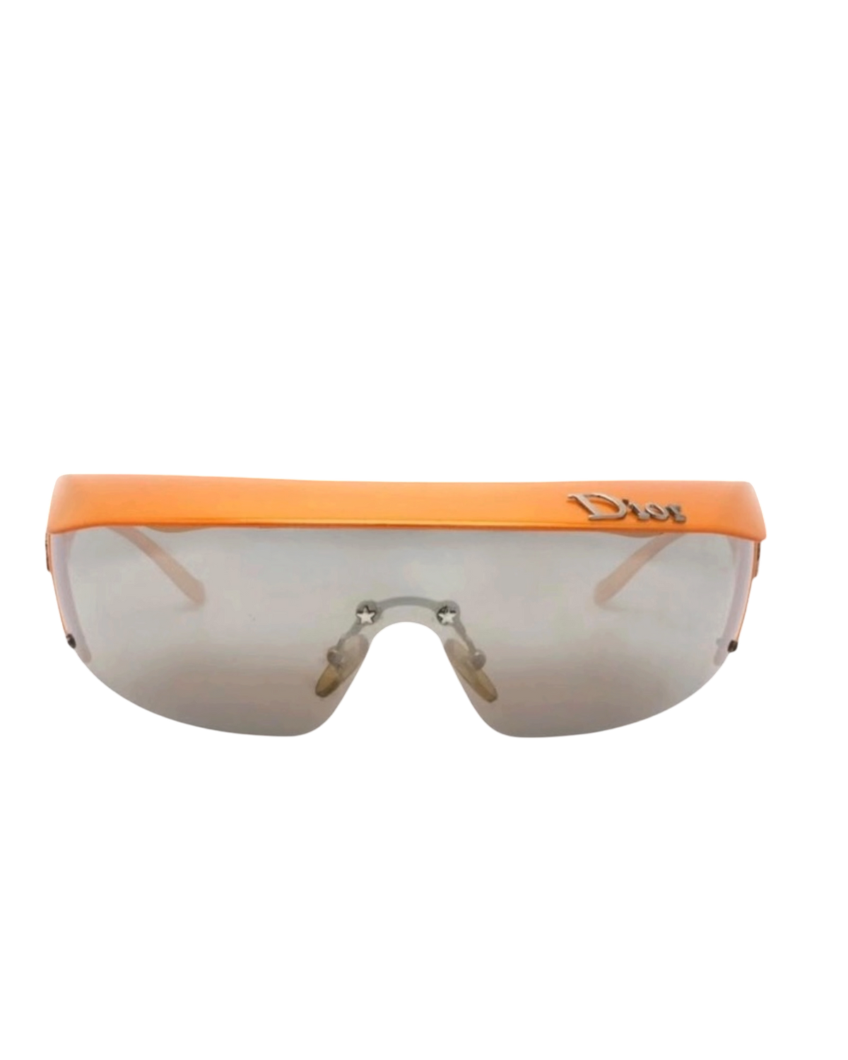 Dior Golf shield sunglasses in orange, front view of the flat orange visor brim over the mirrored shield lens