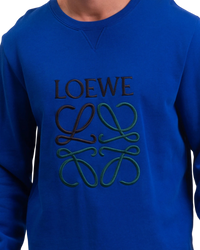 Loewe Anagram Embroidered Cotton Sweatshirt — Blue, anagram embroidery detail