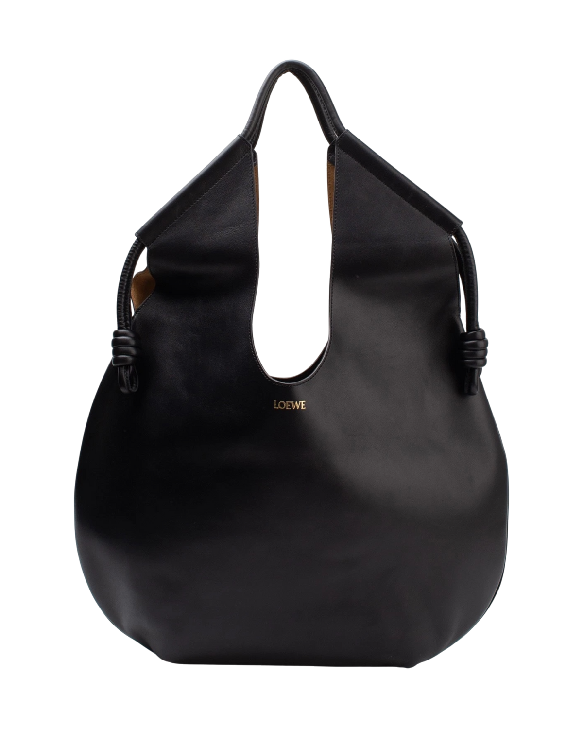 Loewe Paseo knotted leather tote in black, front view, with long top handles, knotted leather cords at each side and the gold LOEWE mark at the front