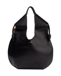 Loewe Paseo knotted leather tote in black, front view, with long top handles, knotted leather cords at each side and the gold LOEWE mark at the front