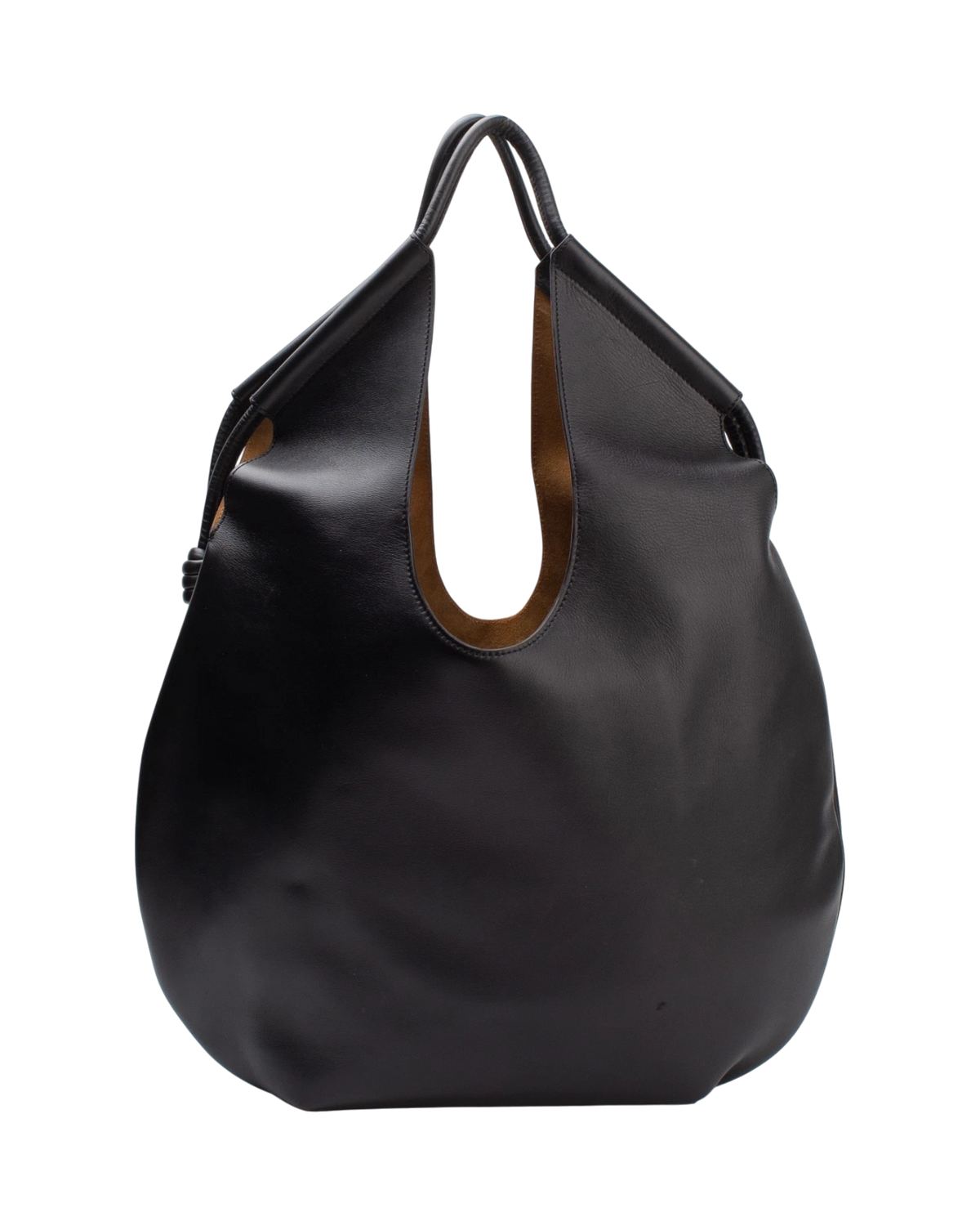 Loewe Paseo tote in black leather, front view with the handles drawn together, showing the tan suede-lined cut-out openings