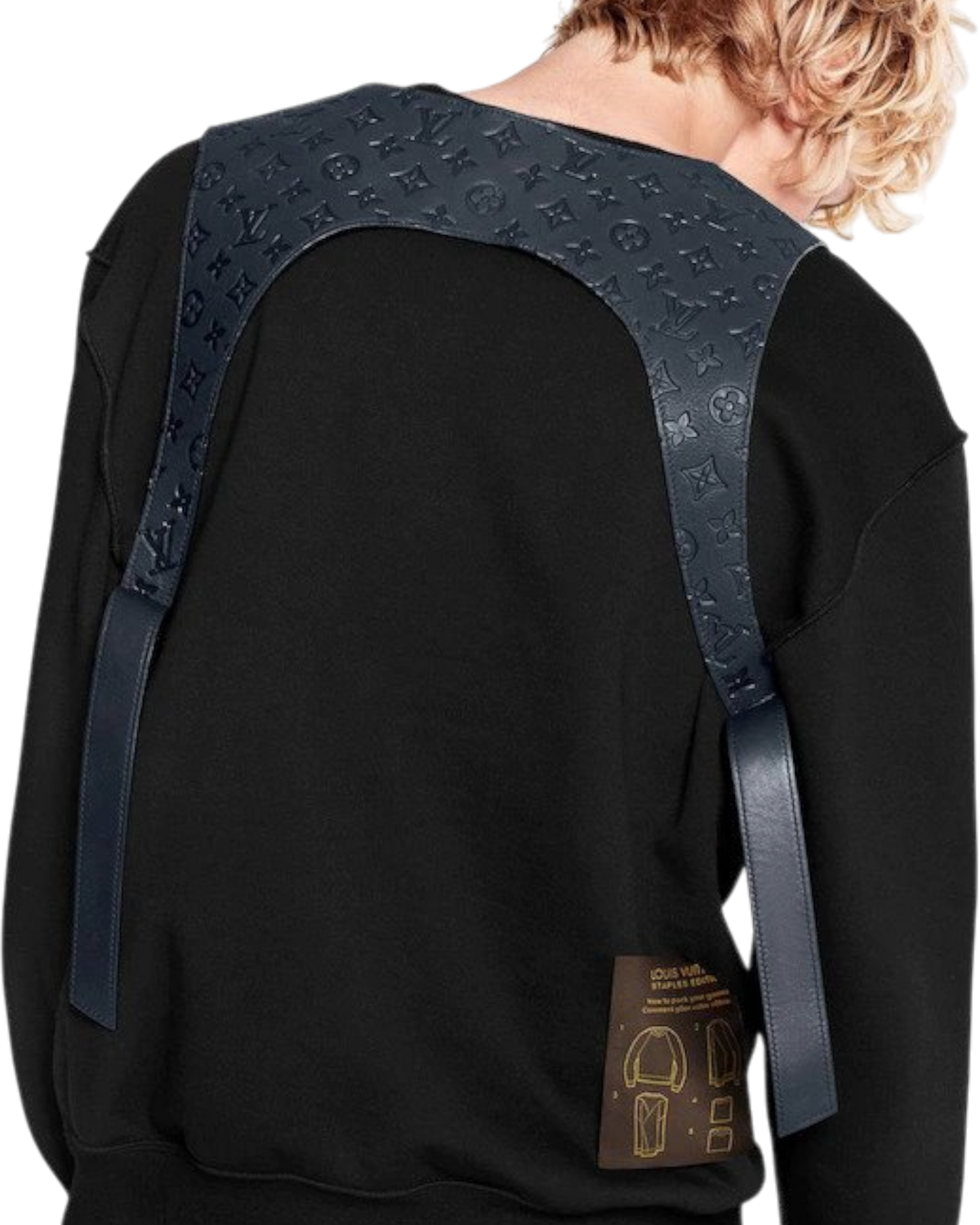 Louis Vuitton Cut Away Vest worn, back view, showing the monogram embossed yoke across the shoulders