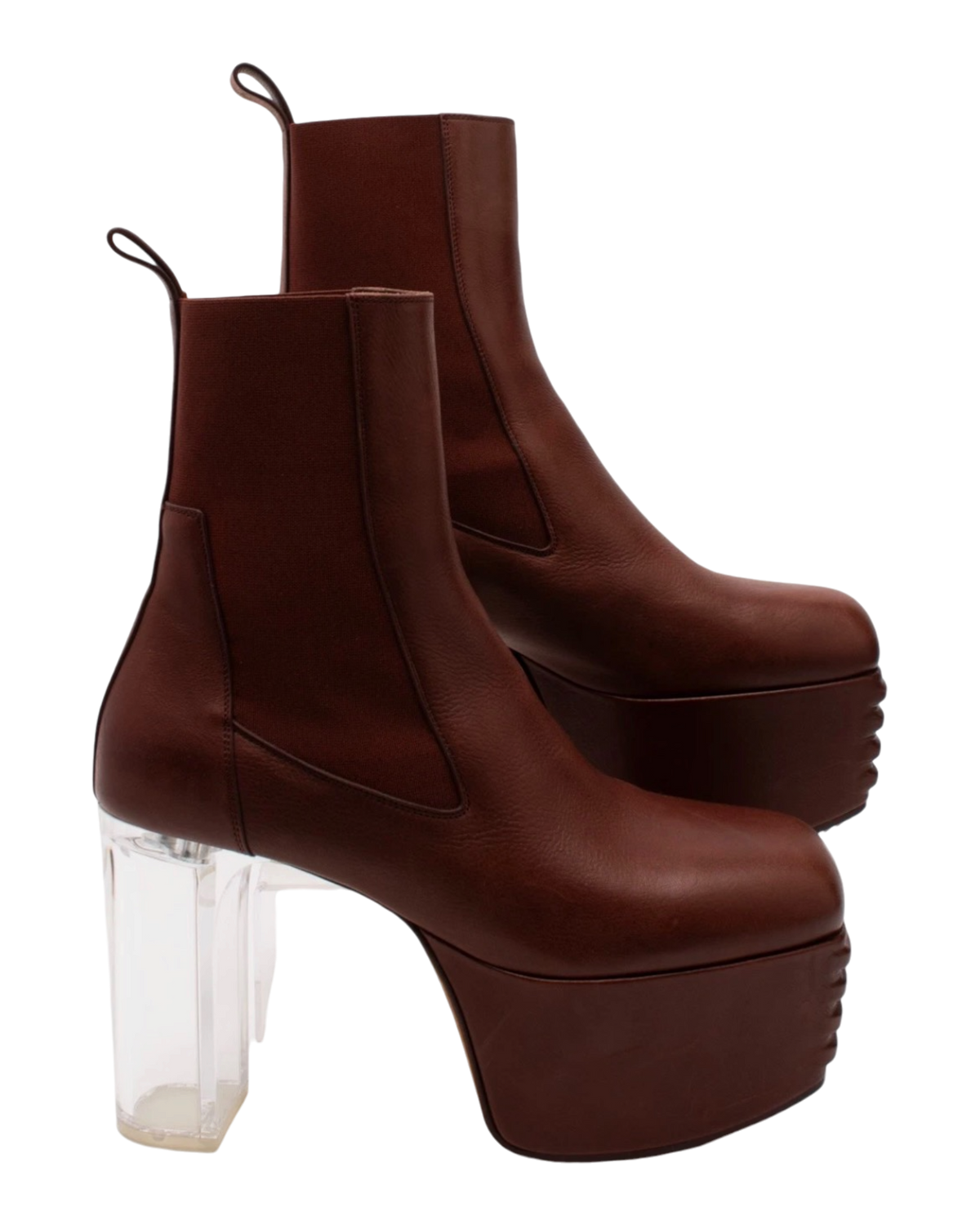Rick Owens Minimal Grill platform Chelsea boots in Henna leather, three-quarter view, showing the ridged leather platform and clear block heel