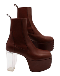 Rick Owens Minimal Grill platform Chelsea boots in Henna leather, three-quarter view, showing the ridged leather platform and clear block heel