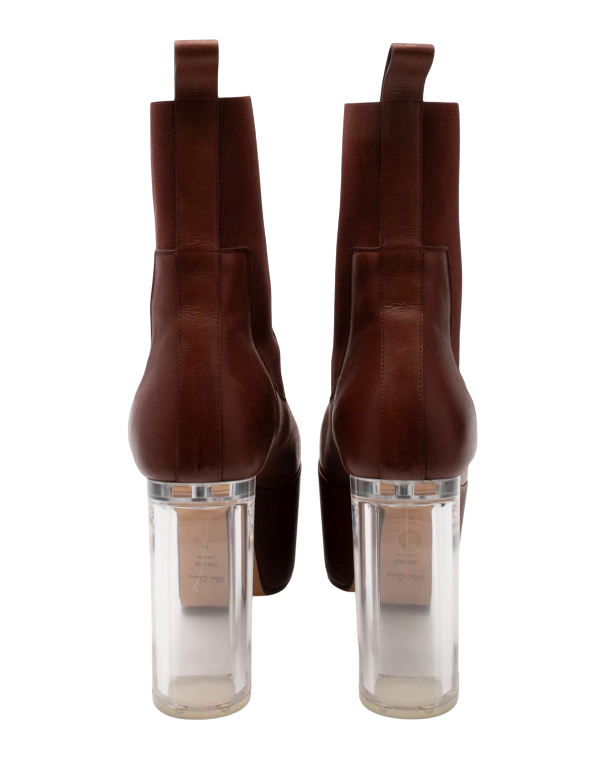 Back view of the Rick Owens Minimal Grill Chelsea boots, showing the leather pull tabs, tonal elastic gussets and transparent block heels