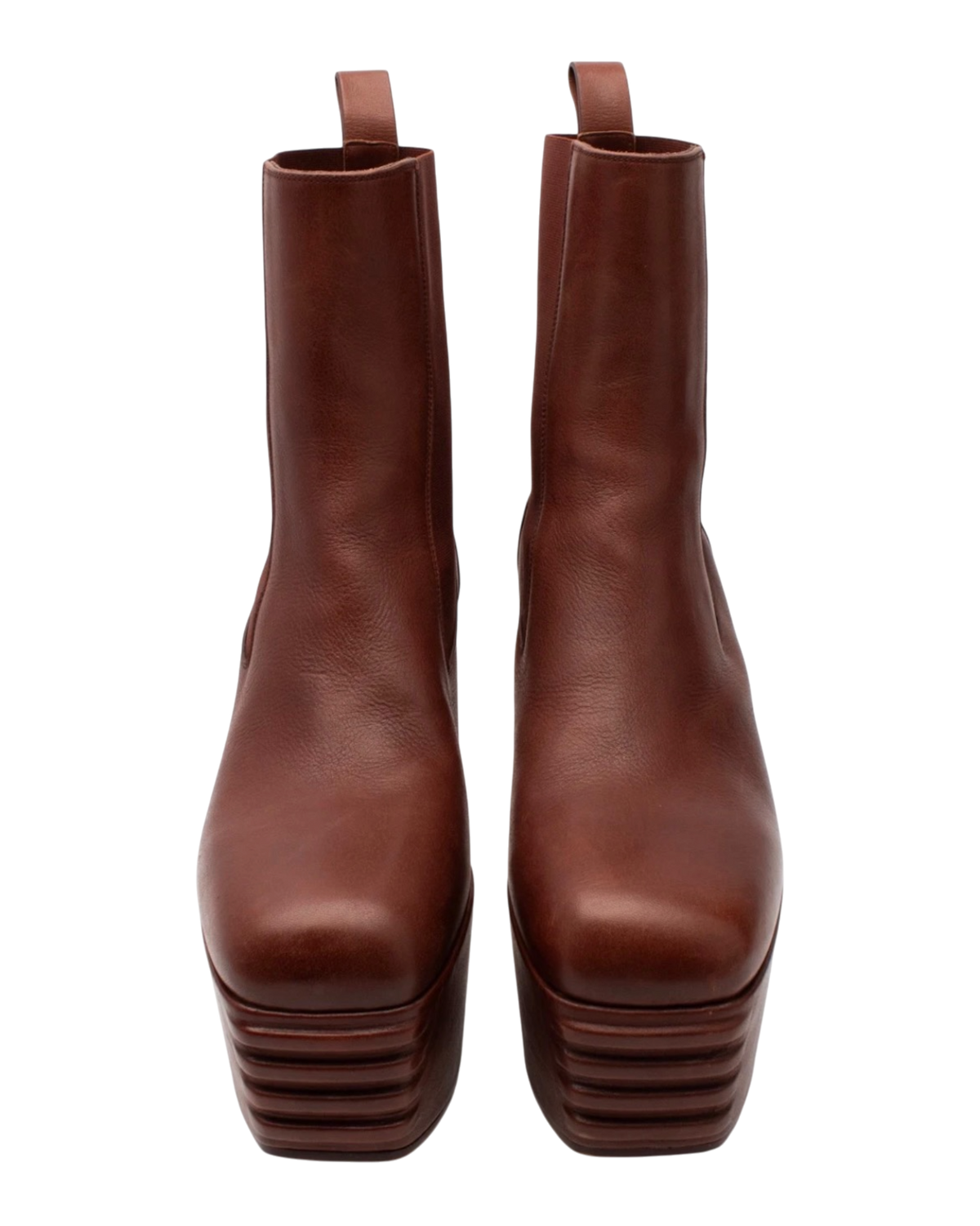 Front view of the Rick Owens Minimal Grill Chelsea boots, showing the squared toe and the ridged grill front edge of the platform
