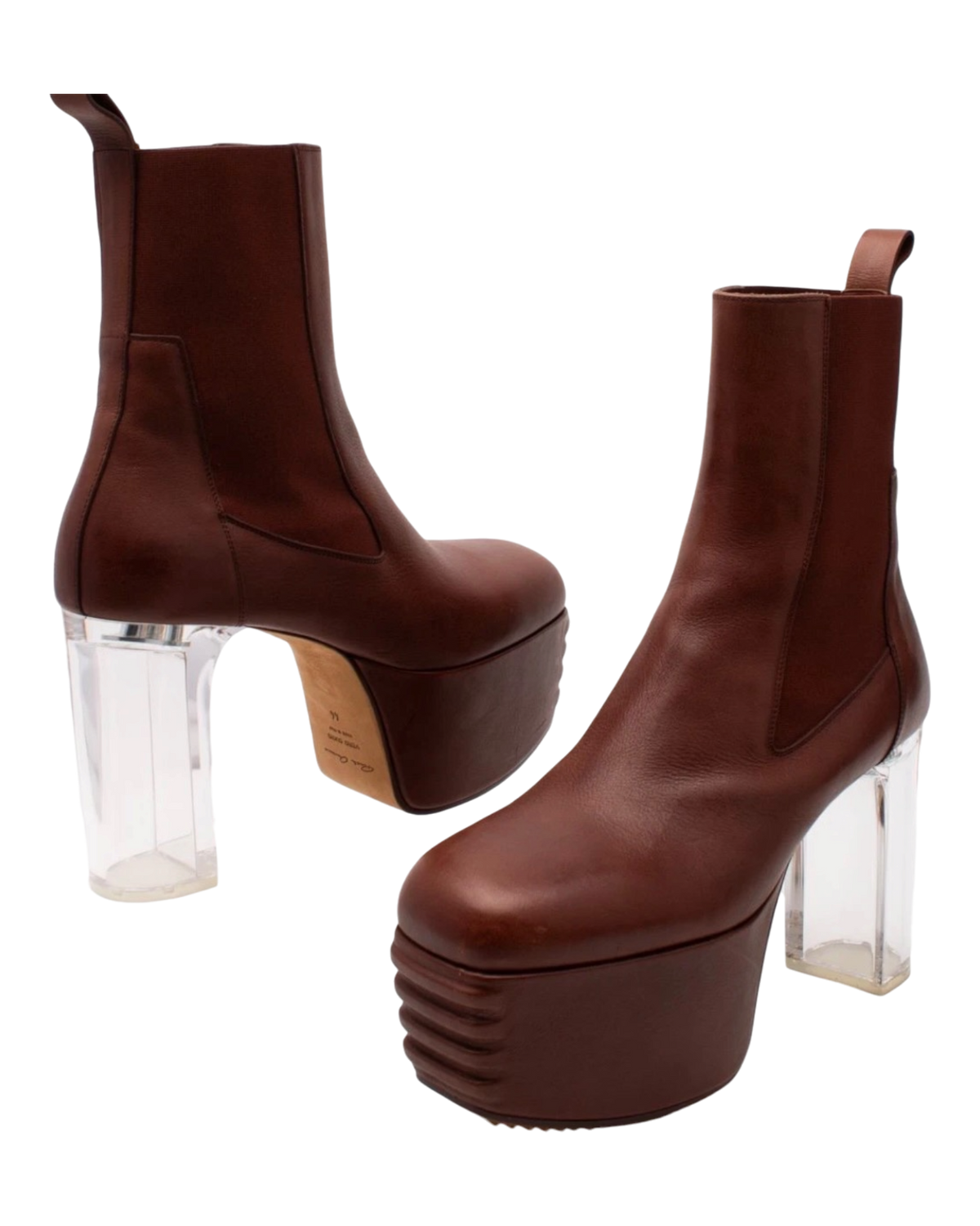 Rick Owens Minimal Grill Chelsea boots with one boot tipped to show the leather sole stamped Rick Owens, Vero Cuoio, Made in Italy, size 44