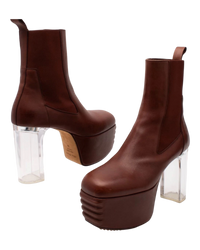 Rick Owens Minimal Grill Chelsea boots with one boot tipped to show the leather sole stamped Rick Owens, Vero Cuoio, Made in Italy, size 44