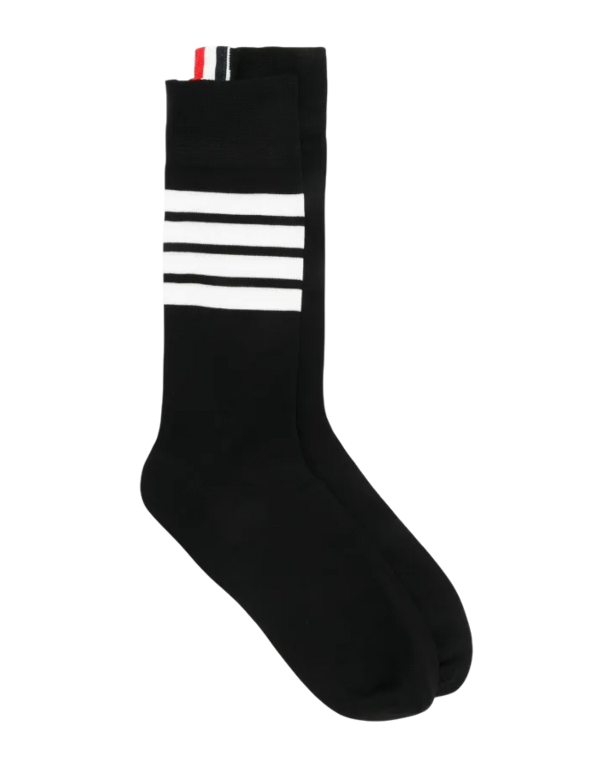 Thom Browne 4-Bar sock in black, mid-calf, with four white bars on the calf and a tricolour grosgrain tab at the cuff