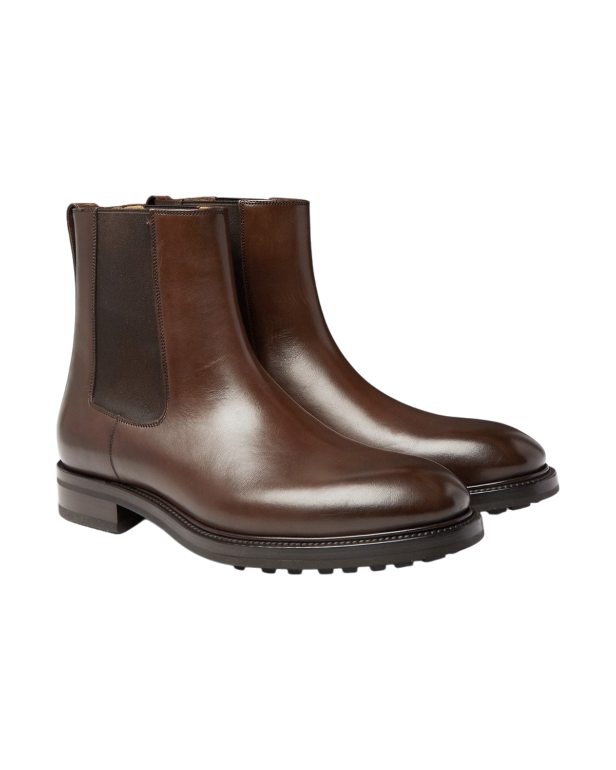 Front three-quarter view of the Tom Ford Stuart Chelsea boots in polished brown calf